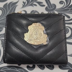 Alpha Kappa Alpha Black Quilted Zip Wallet with Gold Crest Accent